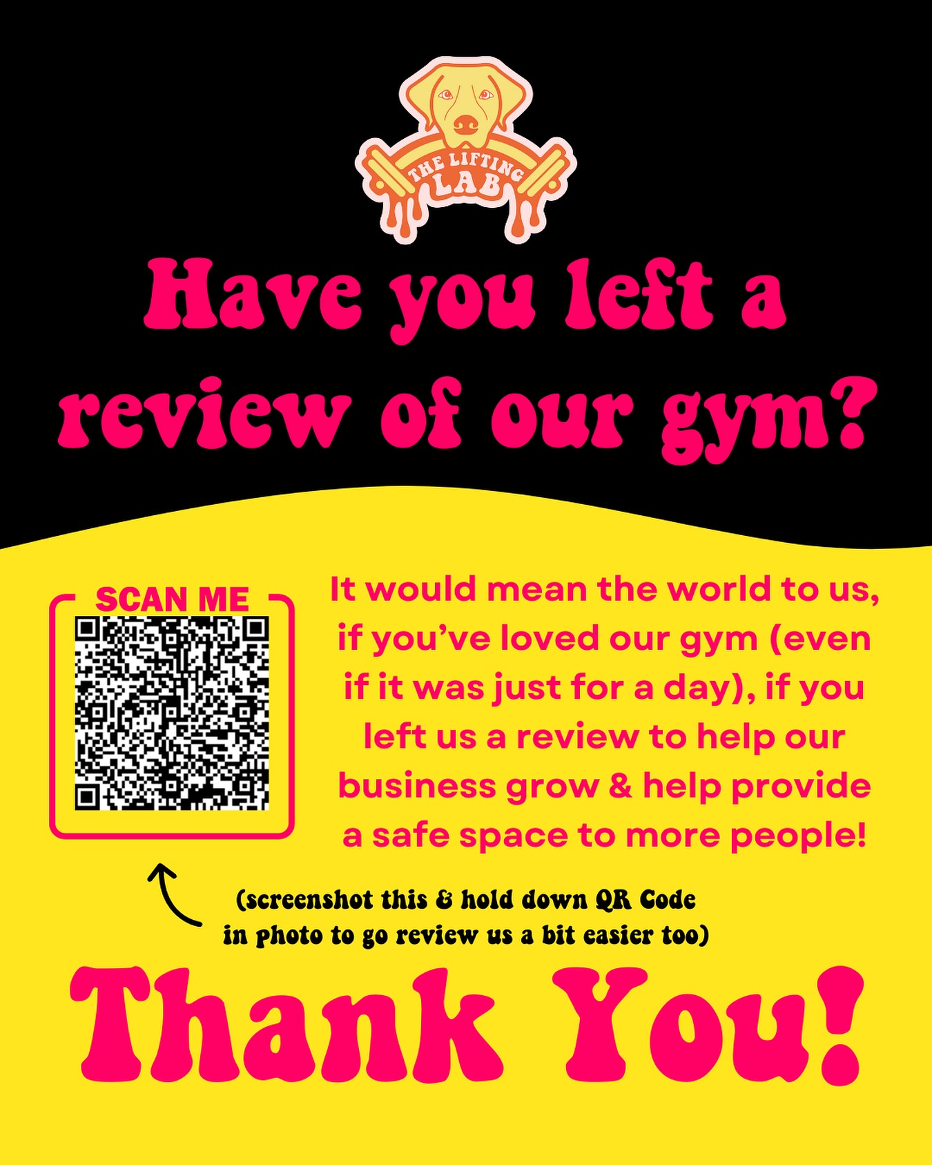 do you love @the.lifting.lab ? is Oskee the bestest boy? are these loaded questions lol? 

If your answer was yes to any (preferably all of those questions) we want and need your support! If you can, please leave us a review anywhere on our pages but this qr code goes to google 

Your kind words could help someone make the decision to change their life and finally try the gym world out for themselves! Let’s see how many people we can uplift this holiday season :) 

Love you all so much! Your kindness, love, and support has meant the world the last few years and keeps us going day to day! Keep being awesome peeps 

#findlayohio #LiftingFamily #findlayoh #FindlaySmallBusiness #girlgym #theliftinglab #OskeeApproved #gymgirl #gymdog #workoutmotivation #LiftLaughLove #CommunityStrong #gymgirlthings #womensgym #OhioGyms #golden #kpopdemonhunters #smallbusinesssupport #smallbusiness #huntrix